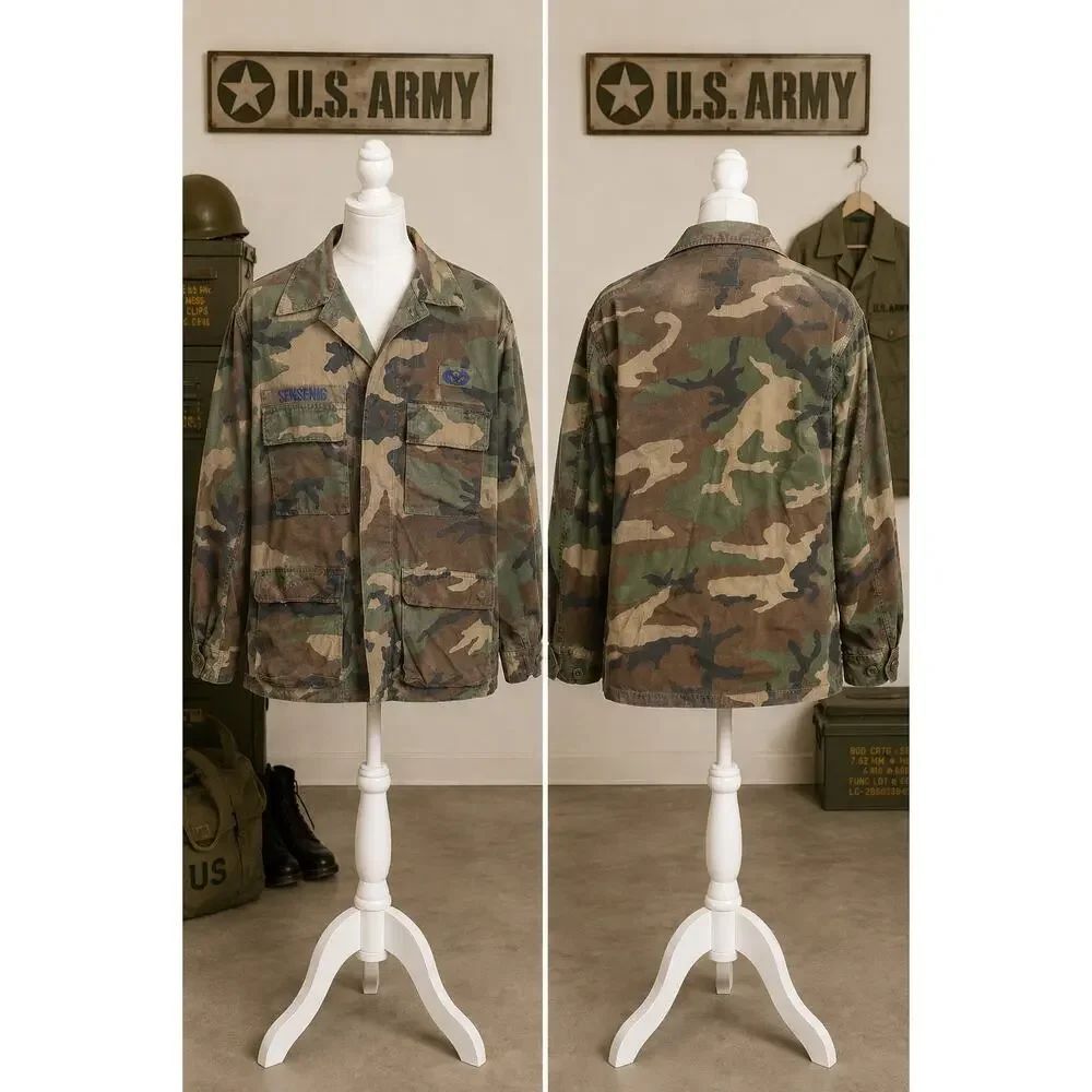 Vintage US Army Woodland Camo BDU Field Jacket Custom Name Medium